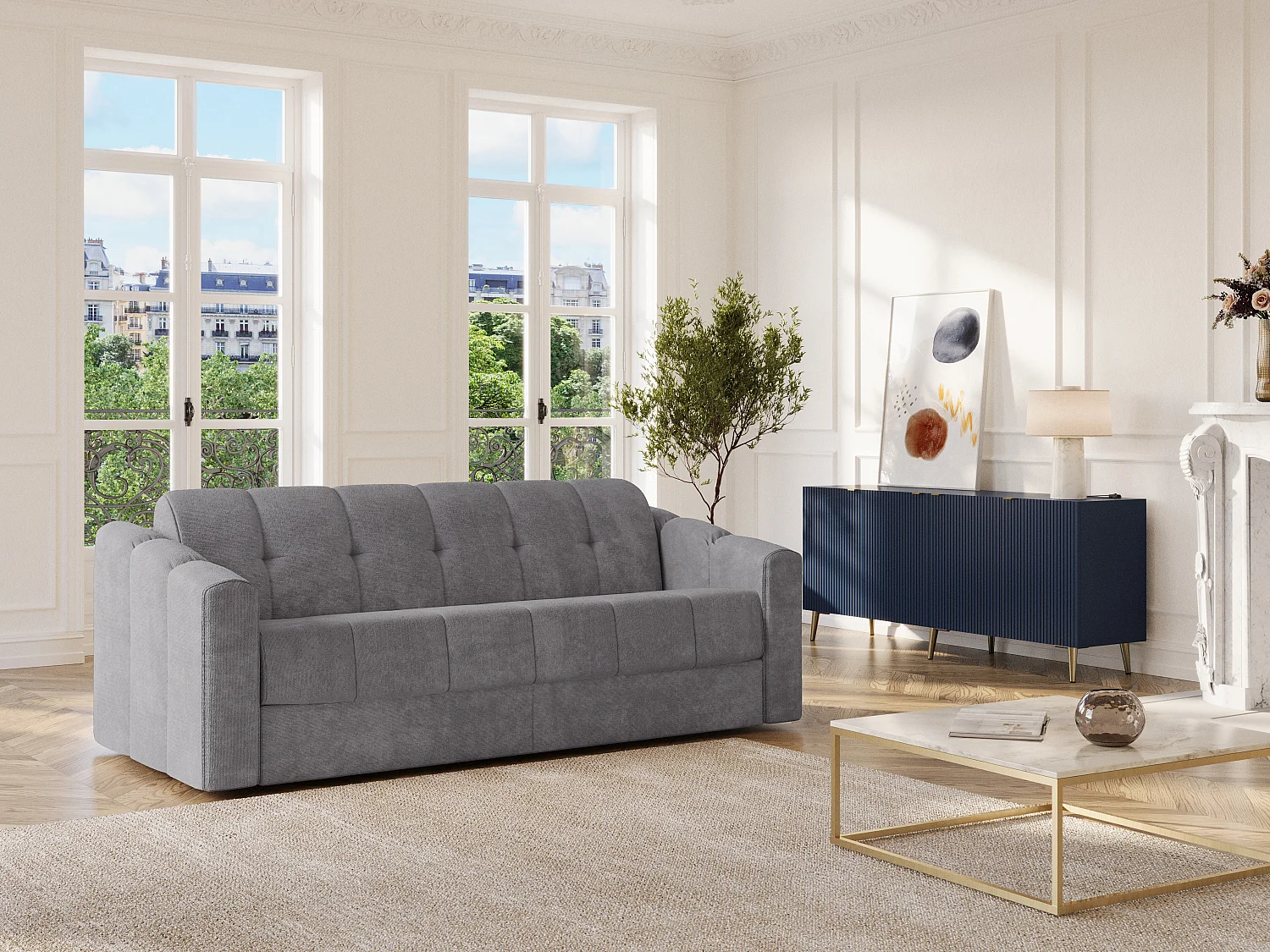 Driezitsslaapbank express van grijze stof met textuur - Bed met brede latten 140 cm - Matras 22 cm met traagschuim DARIELO