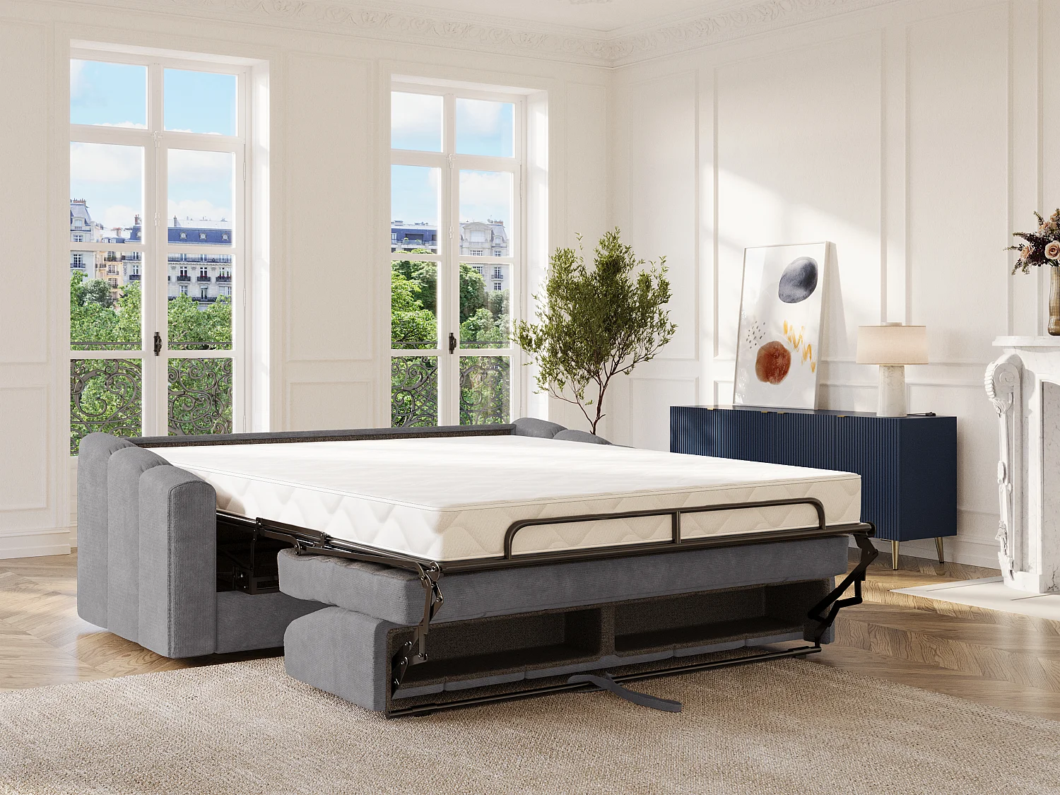 Canapé 4 places convertible express en tissu texturé gris - Couchage lattes larges 160 cm - Matelas 22 cm avec mémoire de forme - DARIELO
