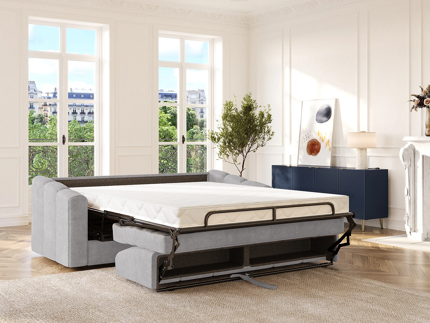 Canapé 3 places convertible express en tissu texturé gris clair - Couchage 140 cm - Matelas 14 cm - DARIELO