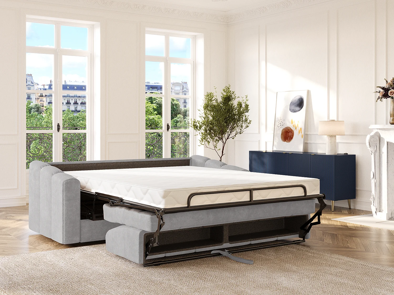 Canapé 4 places convertible express en tissu texturé gris clair - Couchage 160 cm - Matelas 14 cm - DARIELO