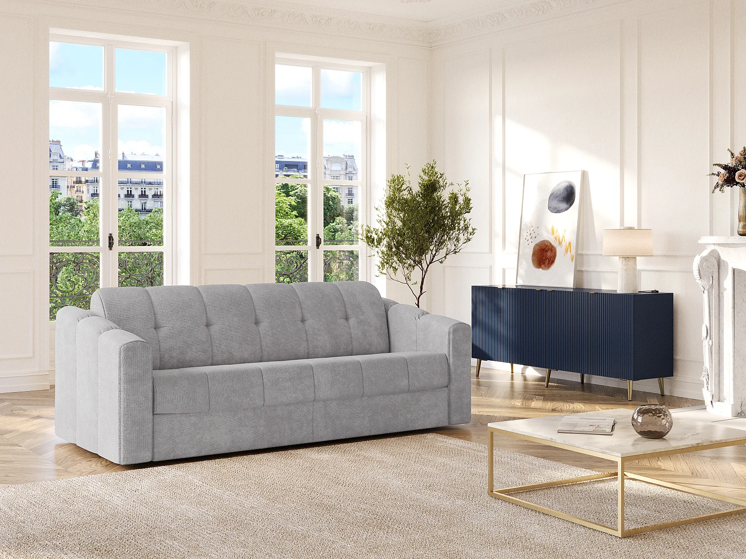 Canapé 3 places convertible express en tissu texturé gris clair - Couchage lattes larges 140 cm - Matelas 18 cm - DARIELO