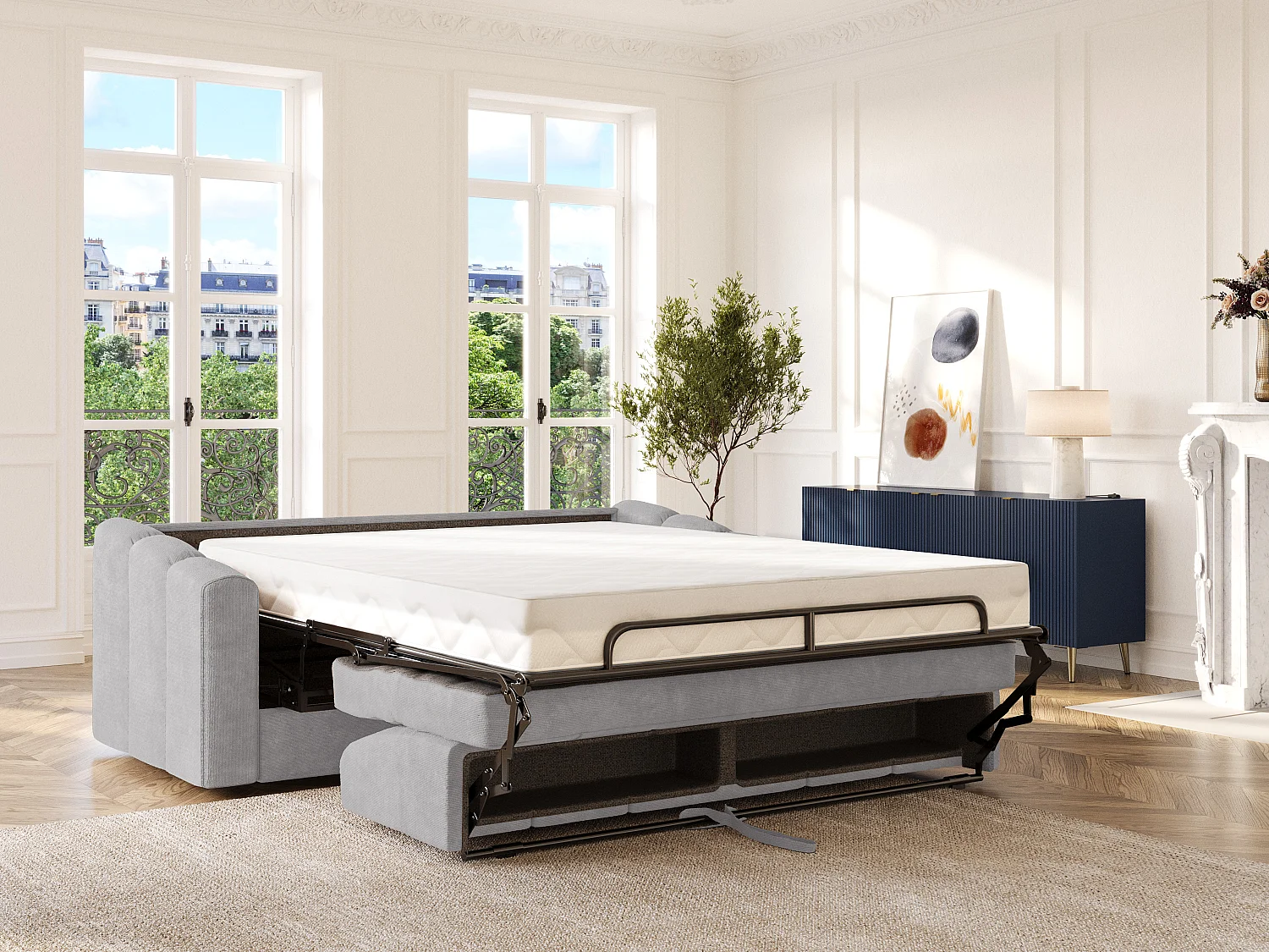 Canapé 3 places convertible express en tissu texturé gris clair - Couchage 140 cm - Matelas 22 cm avec mémoire de forme - DARIELO