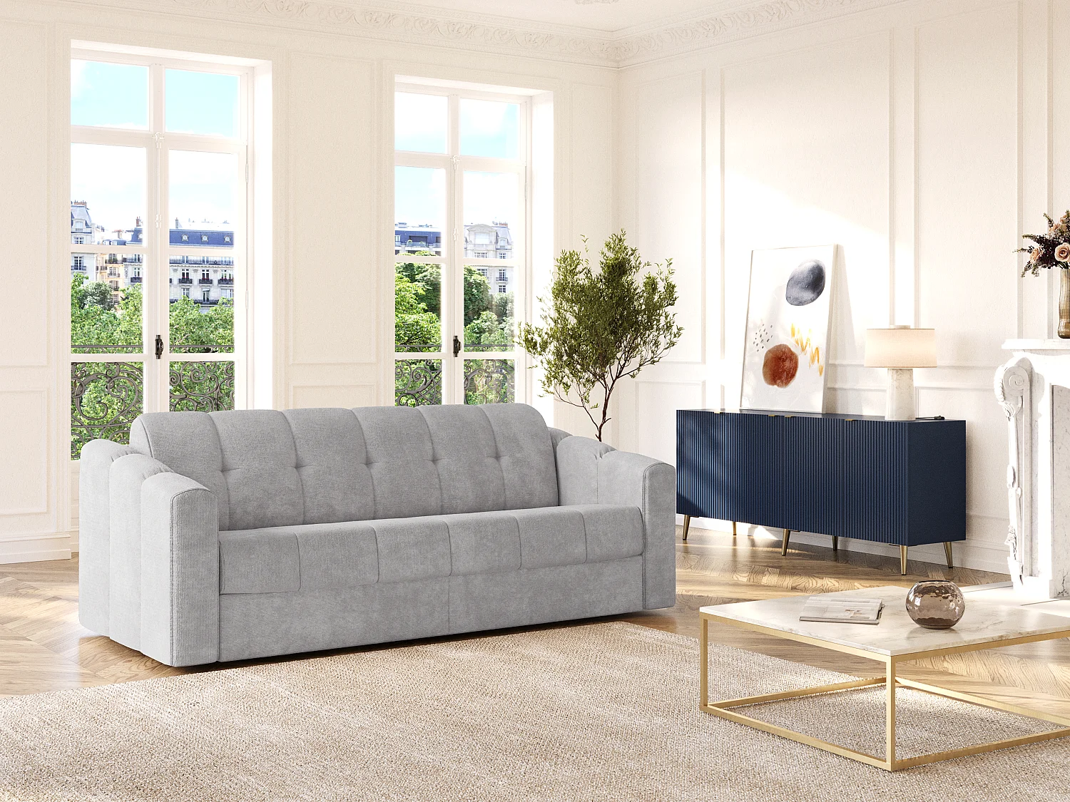 Canapé 4 places convertible express en tissu texturé gris clair - Couchage lattes larges 160 cm - Matelas 18 cm - DARIELO