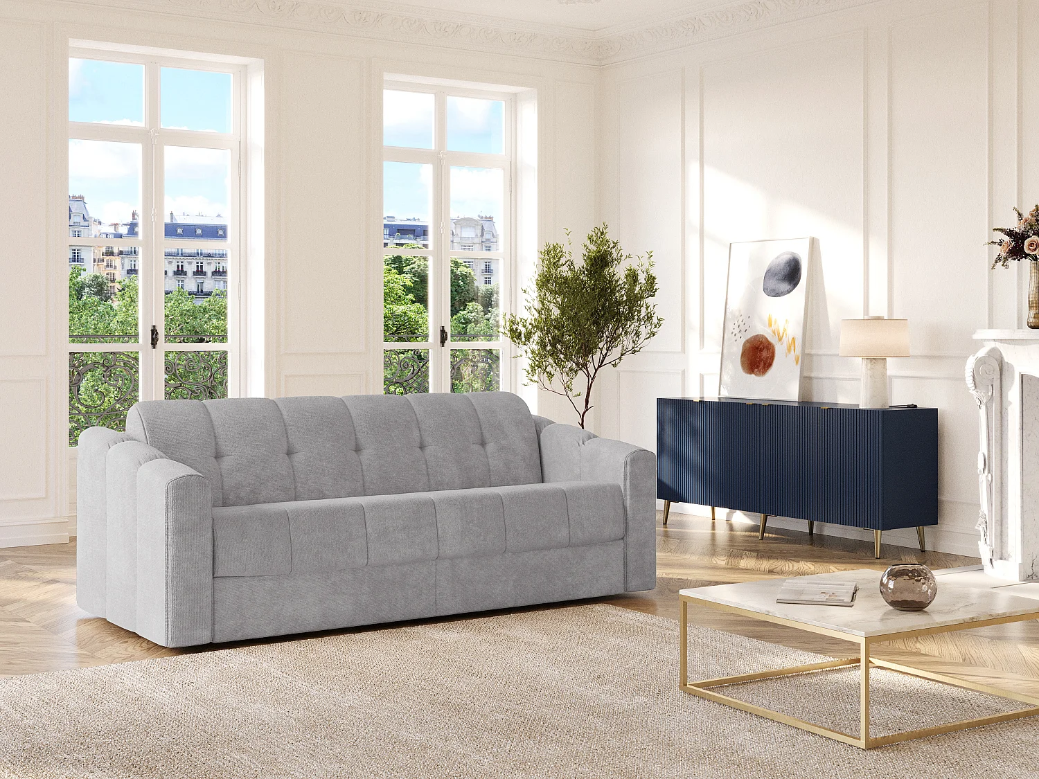 Driezitsslaapbank express van stof met textuur lichtgrijs - Bed met brede latten 140 cm - Matras 22 cm met traagschuim DARIELO