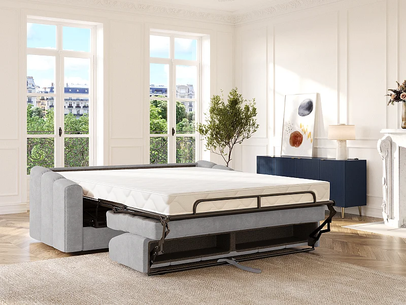 Divano letto 4 posti a ribalta Posto letto 160 cm Materasso 22 cm memory foam in Tessuto testurizzato Grigio chiaro DARIELO