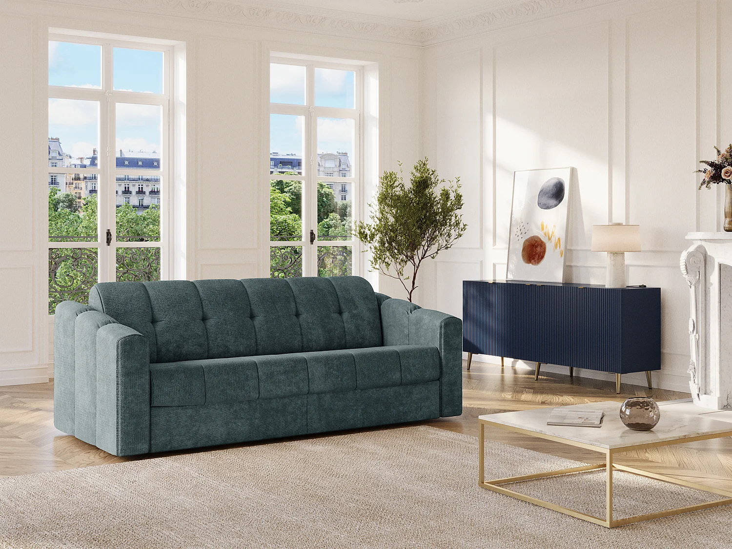 Canapé 3 places convertible express en tissu texturé bleu canard - Couchage 140 cm - Matelas 14 cm - DARIELO