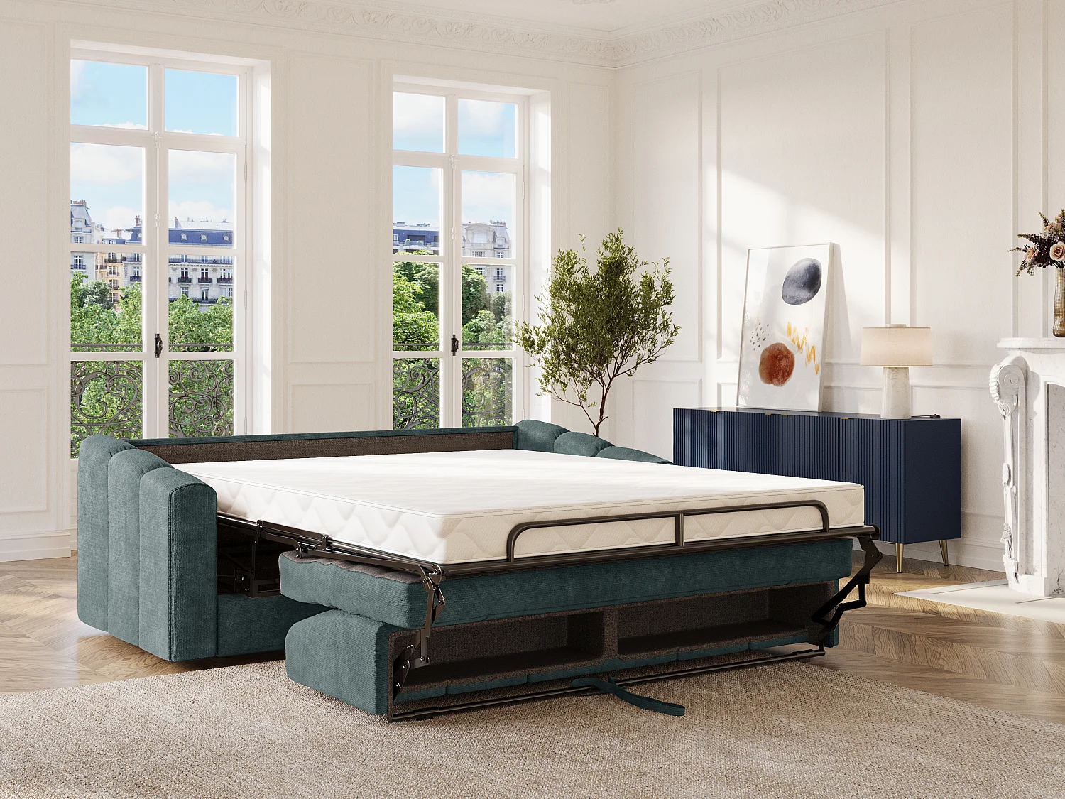 Canapé 3 places convertible express en tissu texturé bleu canard - Couchage 140 cm - Matelas 14 cm - DARIELO