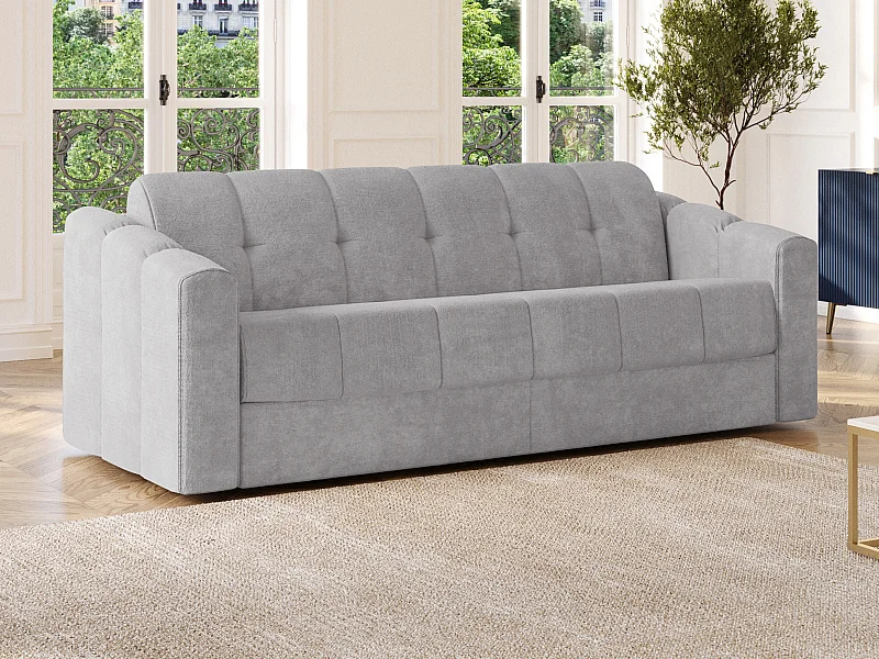 Canapé 4 places convertible express en tissu texturé gris clair - Couchage lattes larges 160 cm - Matelas 22 cm avec mémoire de forme - DARIELO