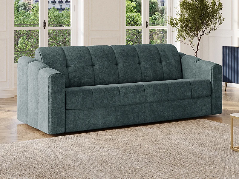 Canapé 3 places convertible express en tissu texturé bleu canard - Couchage 140 cm - Matelas 18 cm - DARIELO