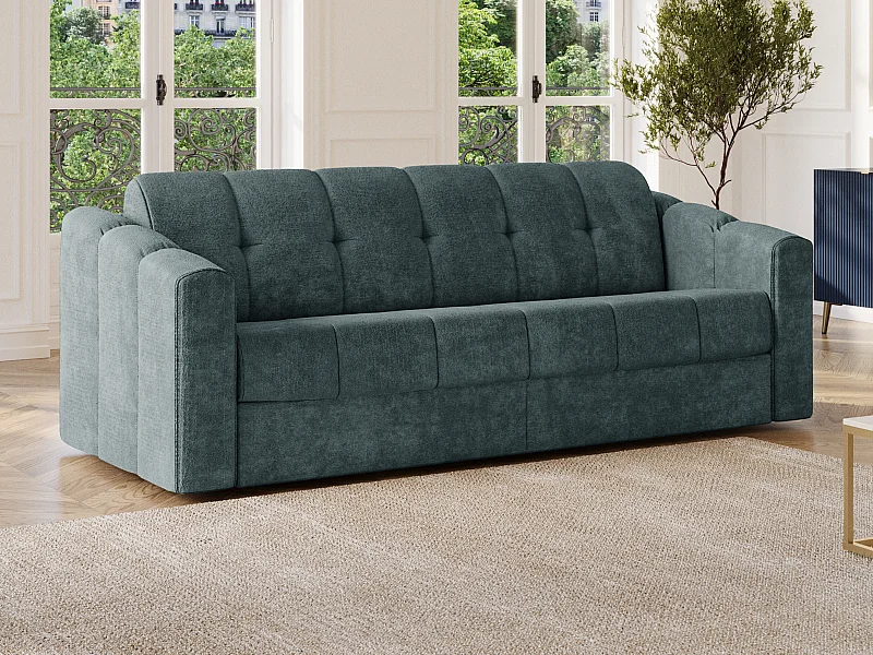 Canapé 4 places convertible express en tissu texturé bleu canard - Couchage 160 cm - Matelas 18 cm - DARIELO
