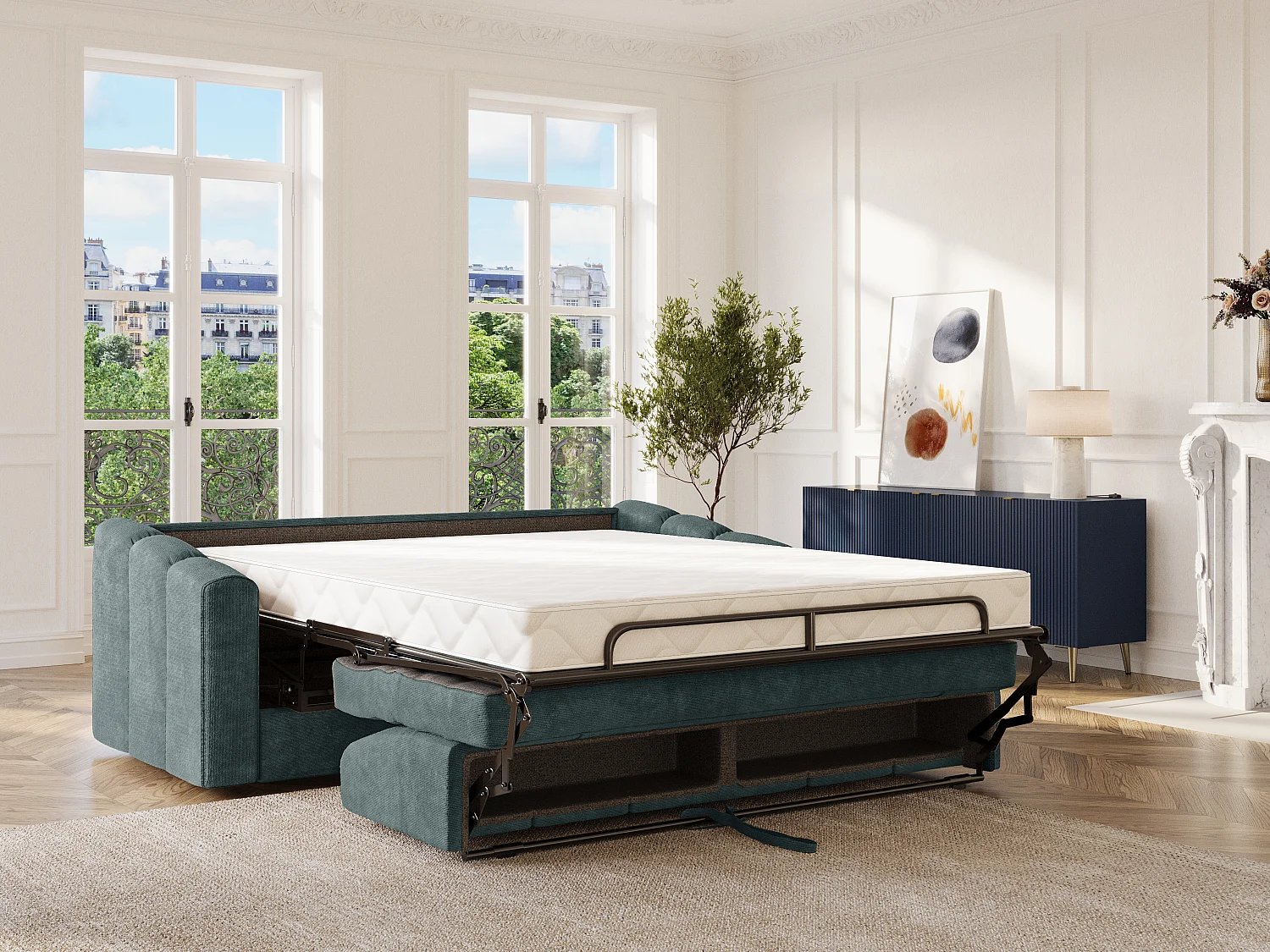 Canapé 3 places convertible express en tissu texturé bleu canard - Couchage lattes larges 140 cm - Matelas 18 cm - DARIELO