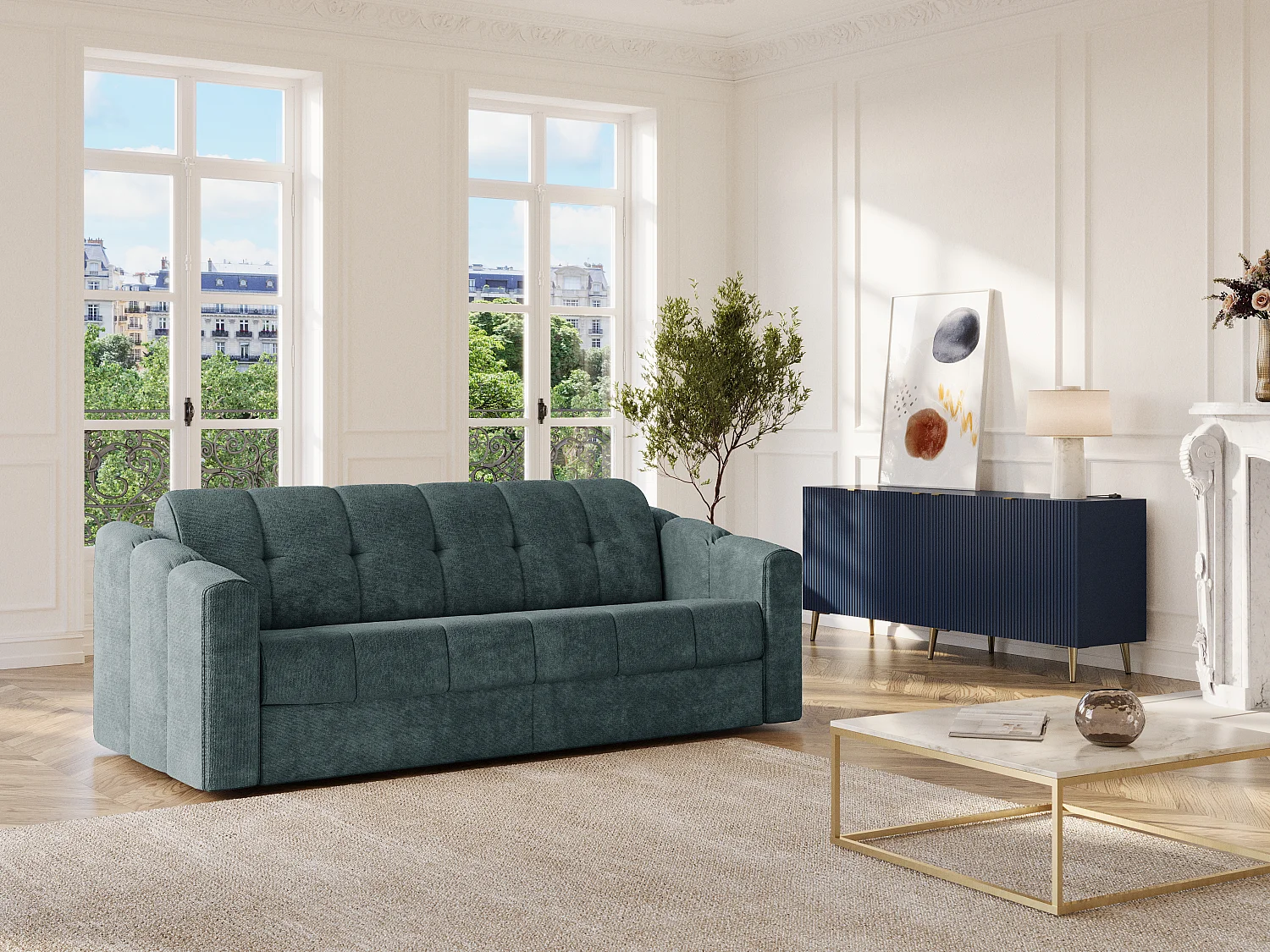 Canapé 3 places convertible express en tissu texturé bleu canard - Couchage lattes larges 140 cm - Matelas 18 cm - DARIELO