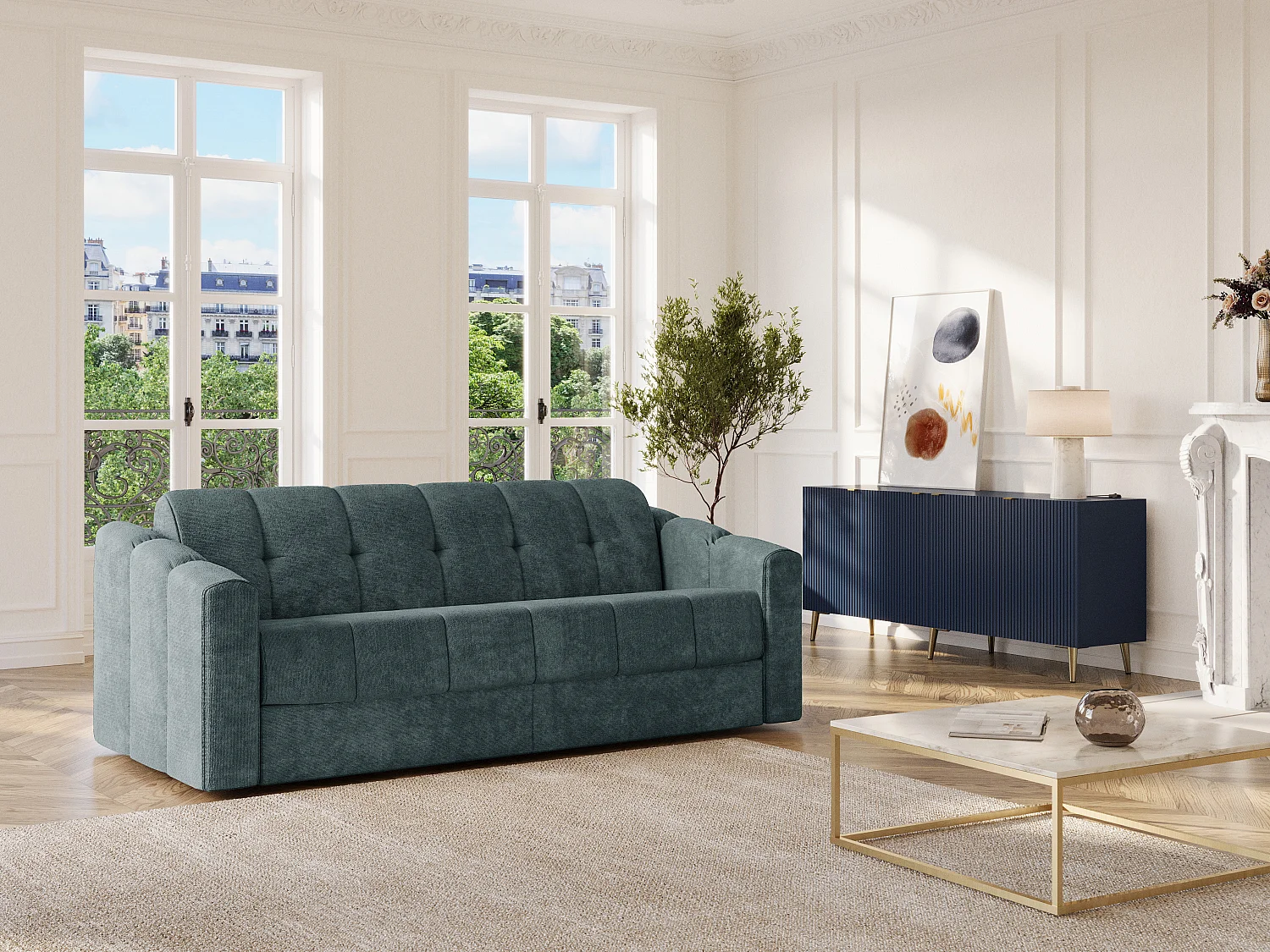 Driezitsslaapbank express van stof met textuur eendenblauw - Bed 160 cm - Matras 22 cm met traagschuim DARIELO