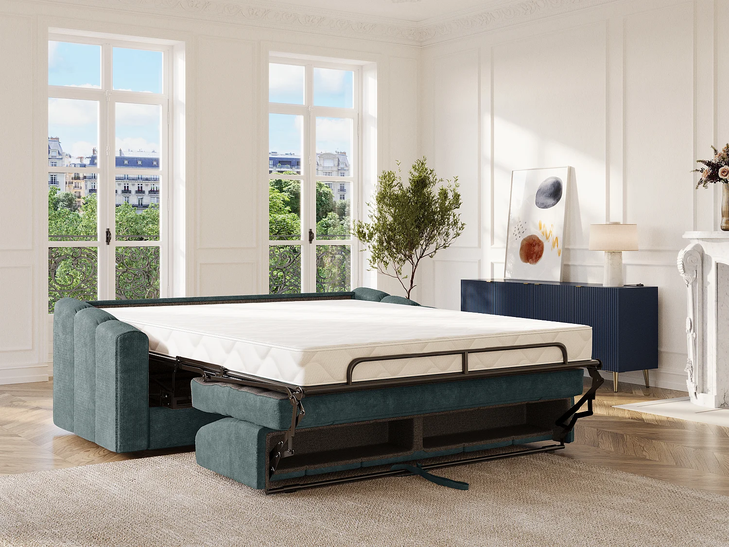 Canapé 4 places convertible express en tissu texturé bleu canard - Couchage lattes larges 160 cm - Matelas 22 cm avec mémoire de forme - DARIELO