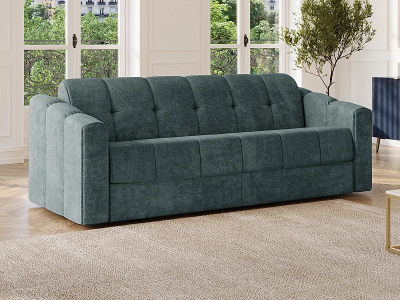 Canapé 4 places convertible express en tissu texturé bleu canard - Couchage lattes larges 160 cm - Matelas 22 cm avec mémoire de forme - DARIELO