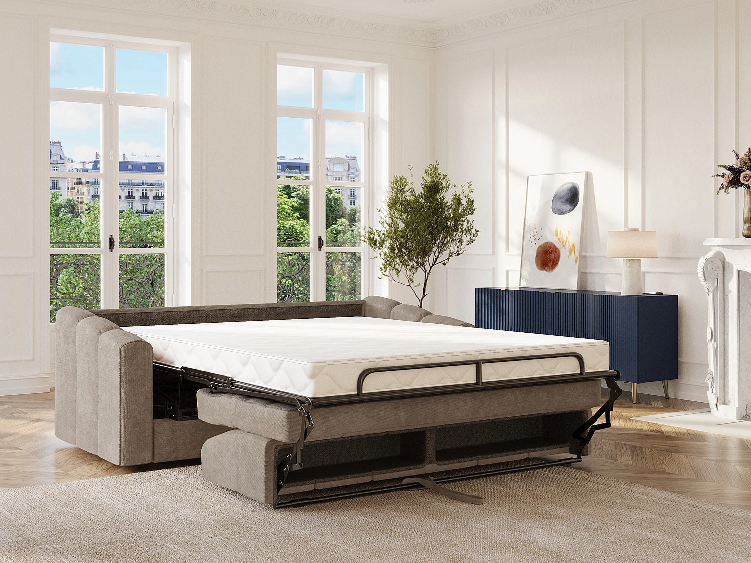 Canapé 3 places convertible express en tissu texturé taupe - Couchage 140 cm - Matelas 14 cm - DARIELO