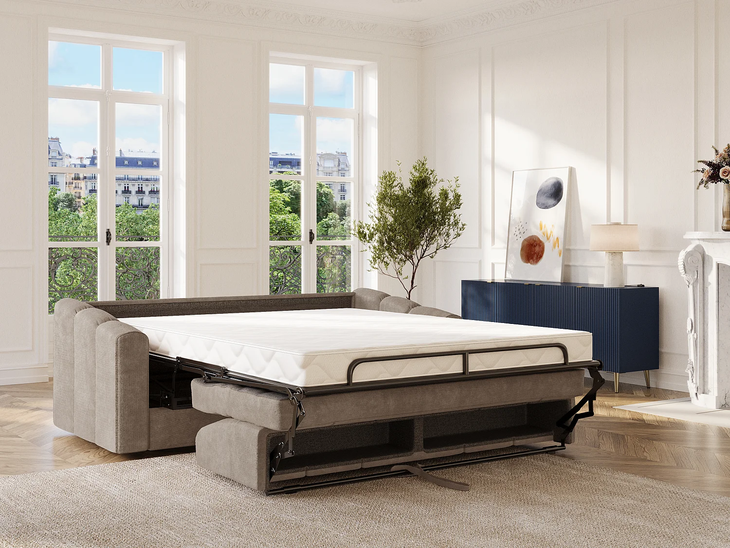 Canapé 4 places convertible express en tissu texturé taupe - Couchage 160 cm - Matelas 14 cm - DARIELO