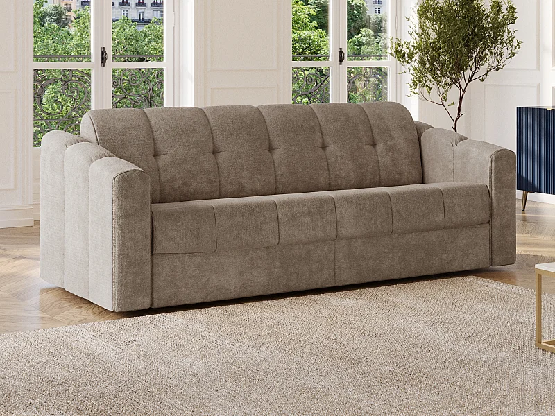 Canapé 3 places convertible express en tissu texturé taupe - Couchage lattes larges 140 cm - Matelas 14 cm - DARIELO