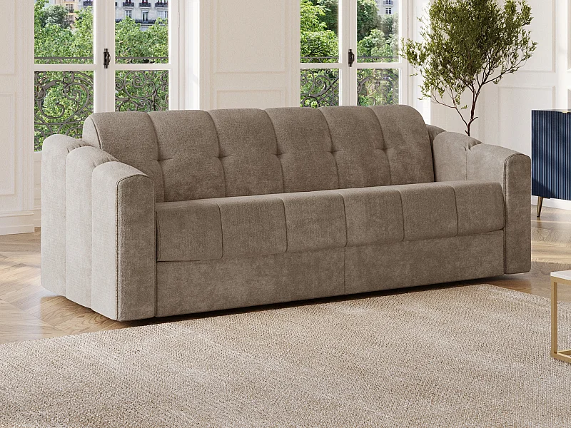Sofá cama 4 plazas de apertura rápida en tela texturizada topo - Cama 160 cm - Colchón 22 cm con viscoelástica - DARIELO