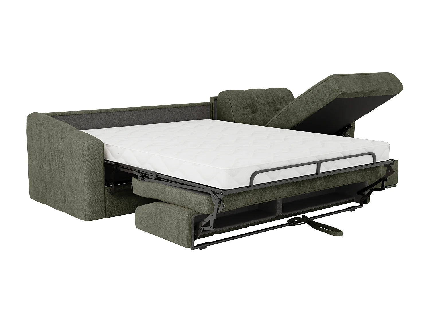 Canapé d'angle convertible express en tissu texturé vert kaki - Couchage lattes larges 140 cm - Matelas 14 cm - DARIELO