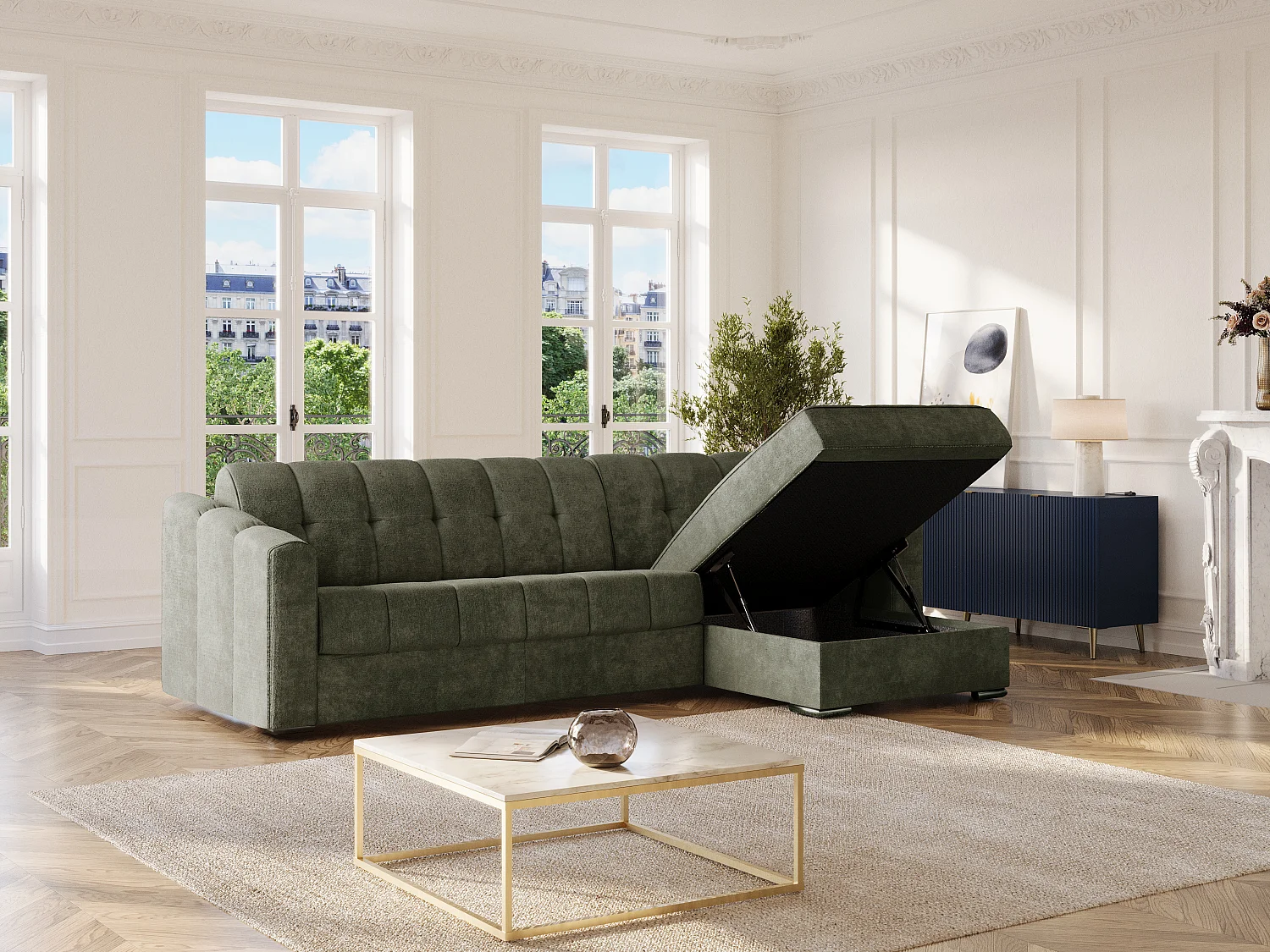 Sofá de canto convertível abertura rápida em tecido texturizado verde caqui - Cama ripas largas 140 cm - Colchão 18 cm - DARIELO