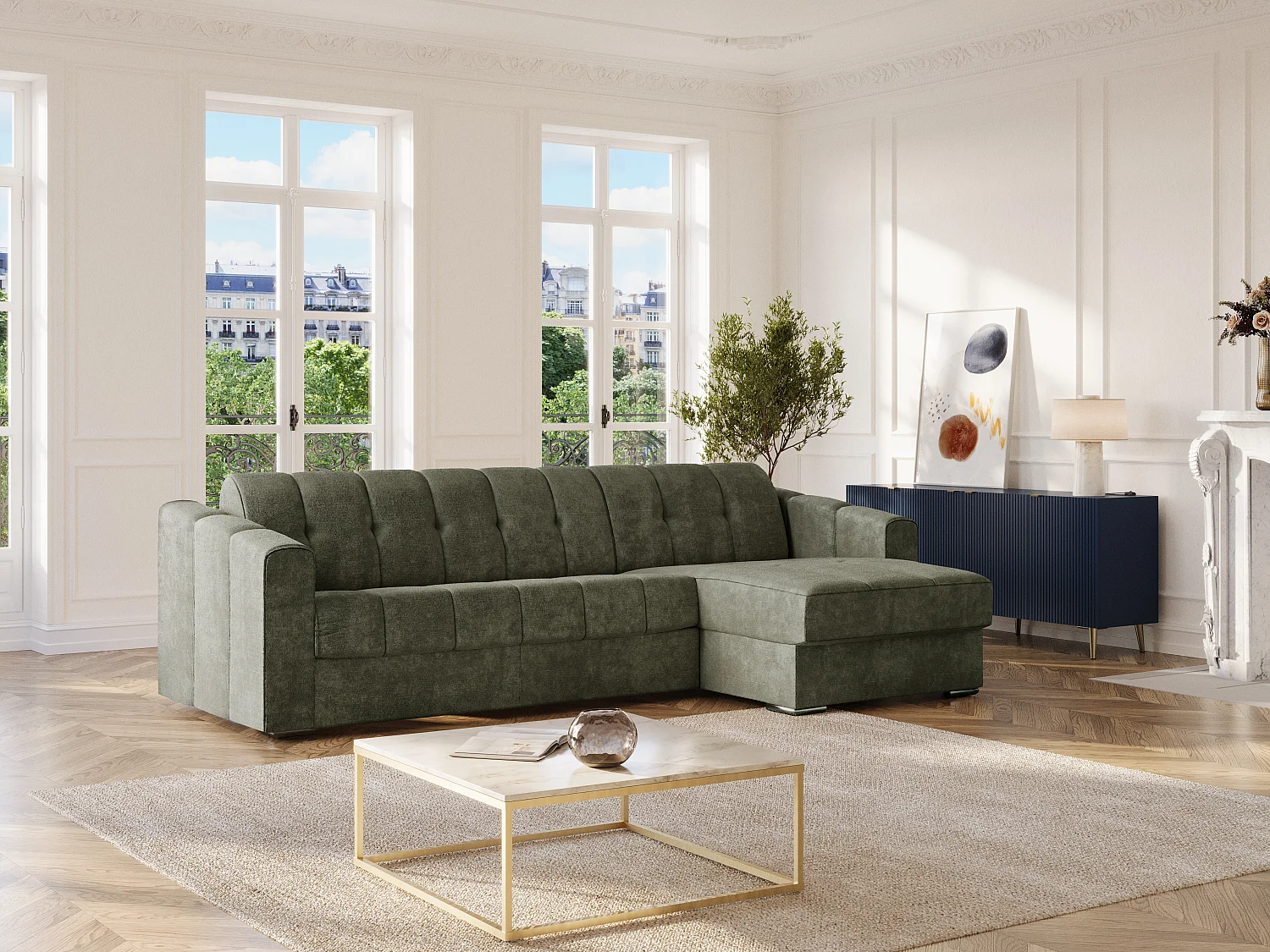 Sofá de canto convertível abertura rápida em tecido texturizado verde caqui - Cama ripas largas 160 cm - Colchão 18 cm - DARIELO