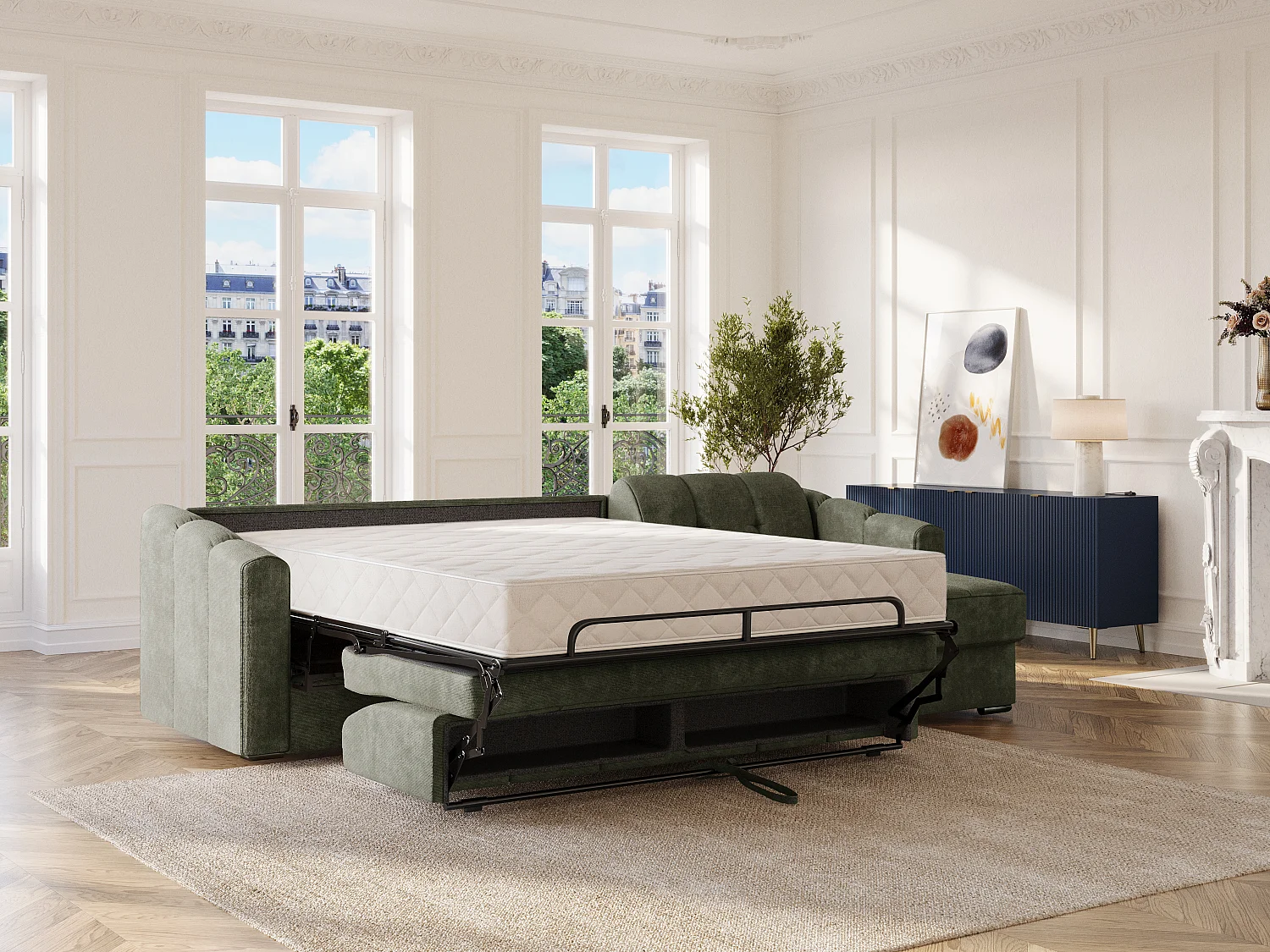 Sofá de canto convertível abertura rápida em tecido texturizado verde caqui - Cama 160 cm - Colchão 22 cm com memória de forma - DARIELO