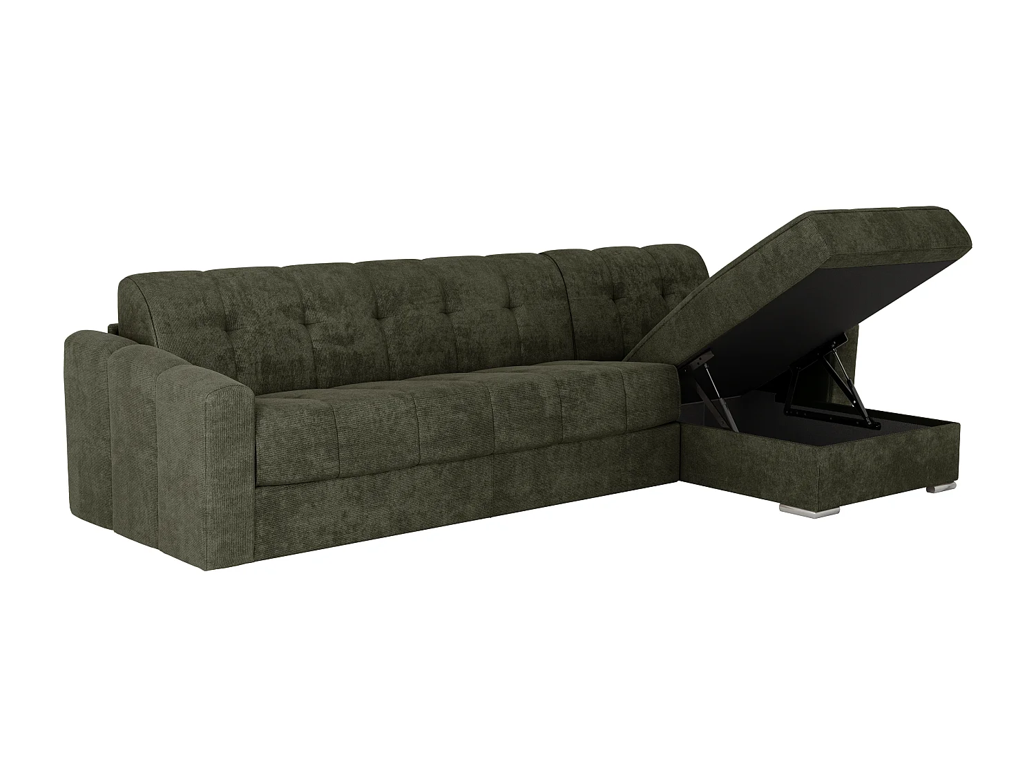 Canapé d'angle convertible express en tissu texturé vert kaki - Couchage 160 cm - Matelas 22 cm avec mémoire de forme - DARIELO