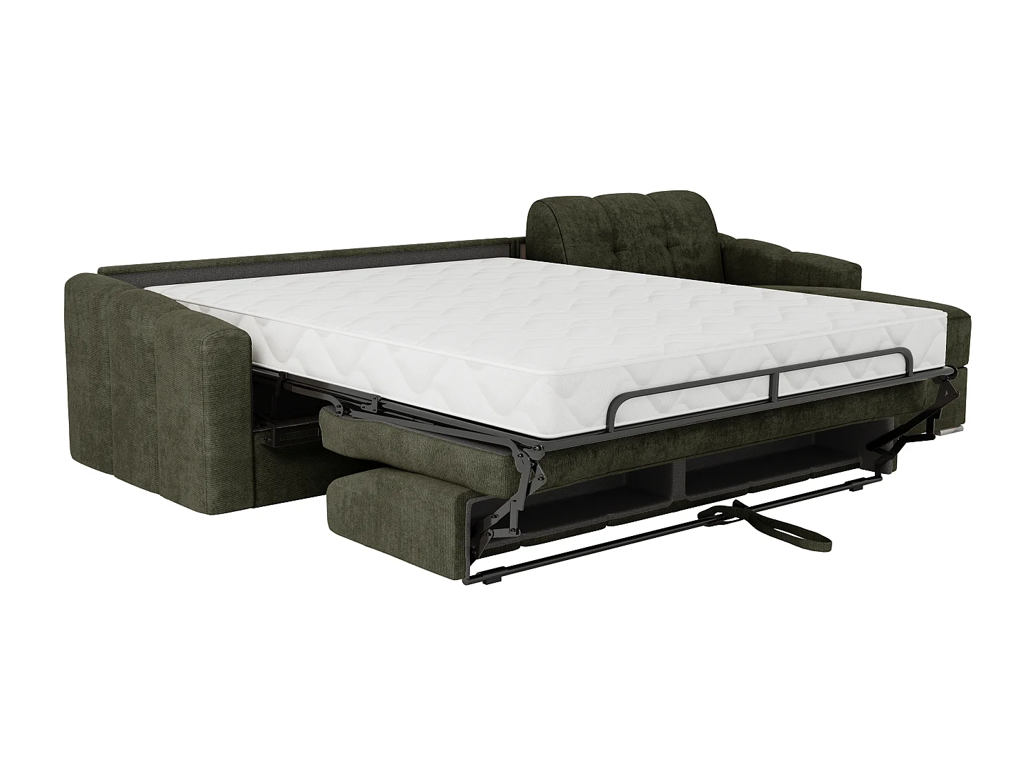 Canapé d'angle convertible express en tissu texturé vert kaki - Couchage 160 cm - Matelas 22 cm avec mémoire de forme - DARIELO