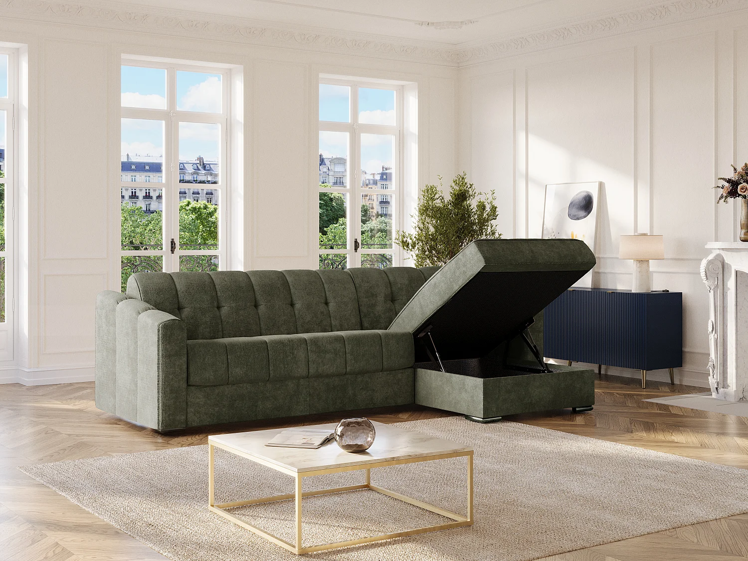 Sofá de canto convertível abertura rápida em tecido texturizado verde caqui - Cama ripas largas 140 cm - Colchão 22 cm com memória de forma - DARIELO