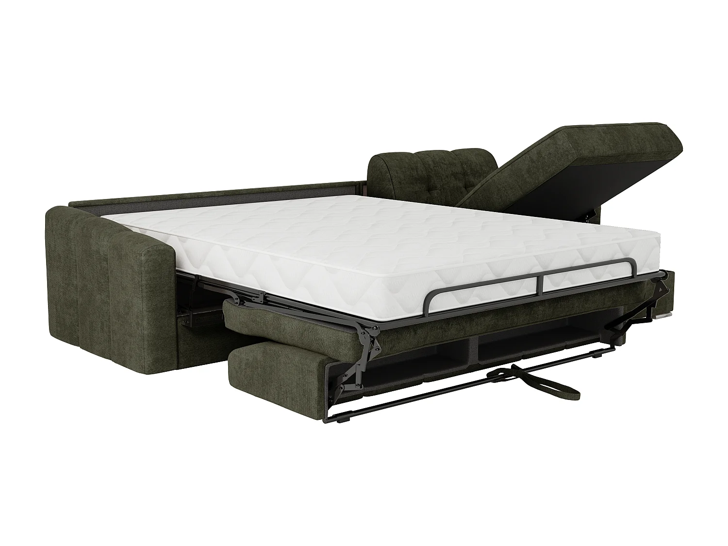 Canapé d'angle convertible express en tissu texturé vert kaki - Couchage lattes larges 160 cm - Matelas 22 cm avec mémoire de forme - DARIELO