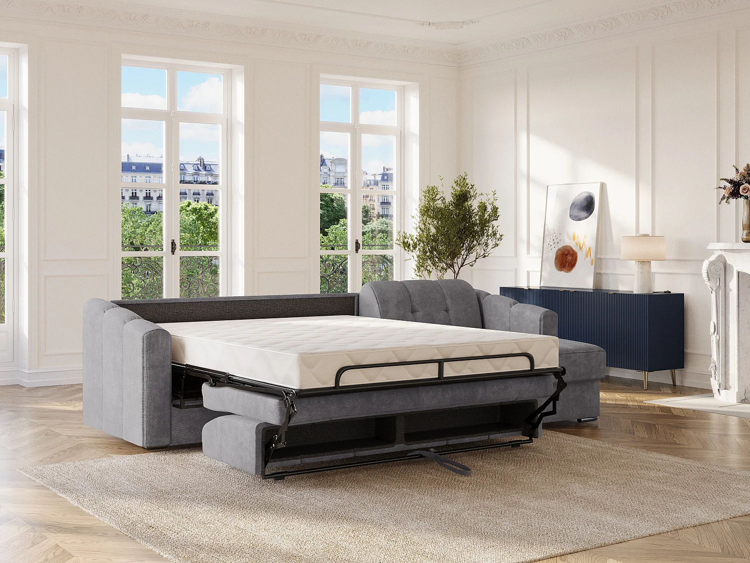 Sofá de canto convertível abertura rápida em tecido texturizado cinzento - Cama 160 cm - Colchão 18 cm - DARIELO