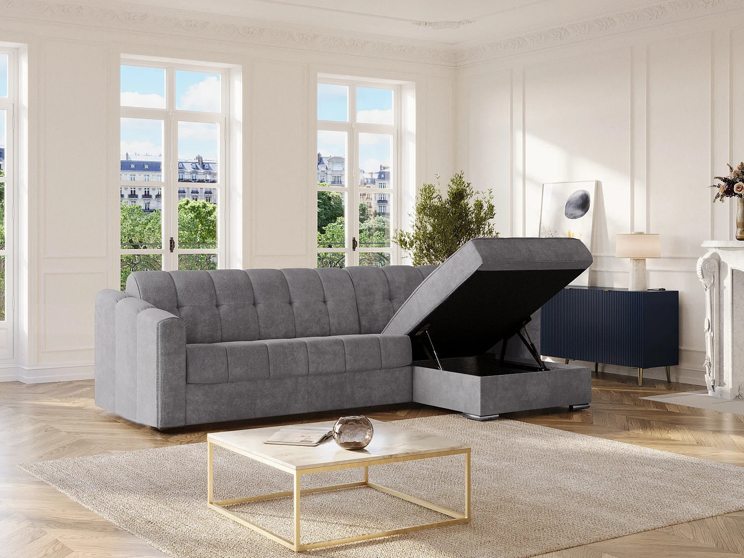 Divano letto angolare express Tessuto testurizzato Grigio Posto letto 140cm doghe larghe Materasso 18cm - DARIELO