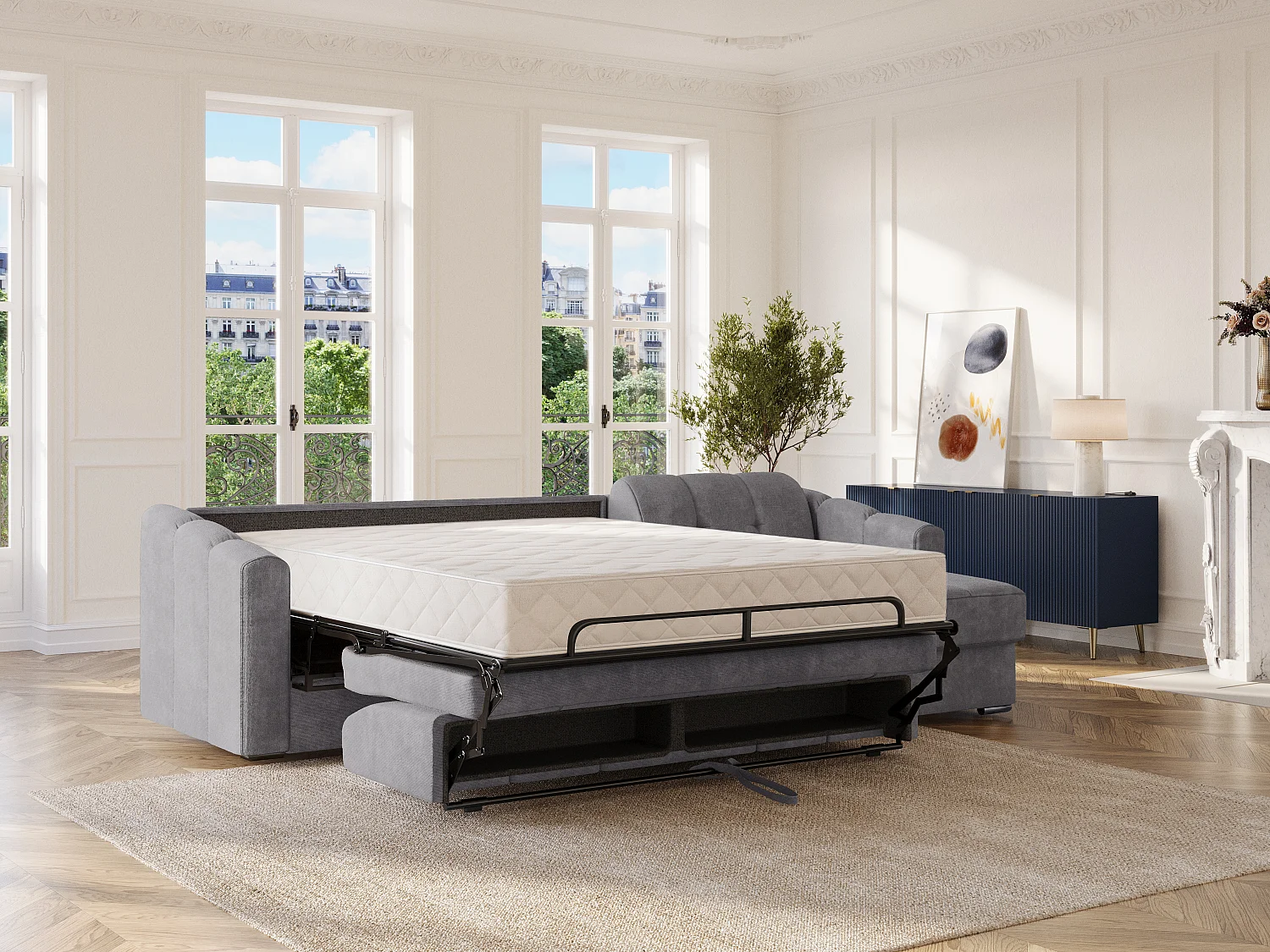 Divano letto angolare express Tessuto testurizzato Grigio Posto letto 160cm Materasso 22cm memory foam - DARIELO