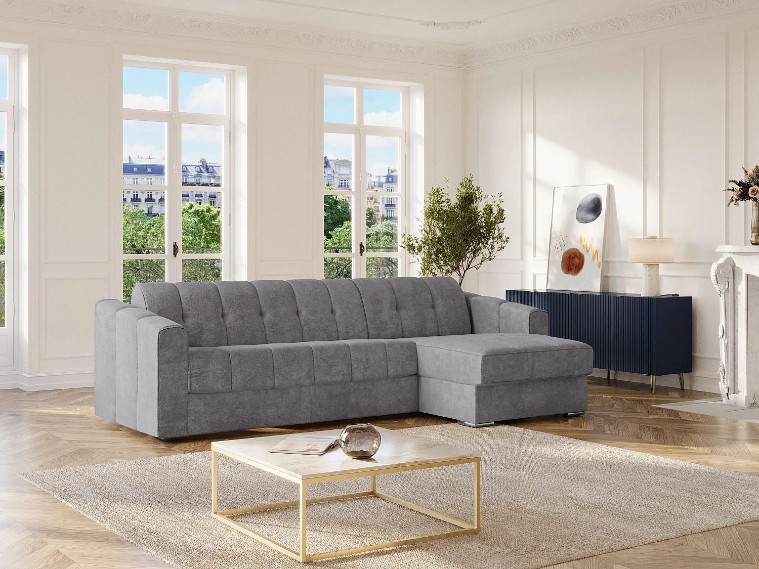 Sofá de canto convertível abertura rápida em tecido texturizado cinzento - Cama ripas largas 160 cm - Colchão 22 cm com memória de forma - DARIELO