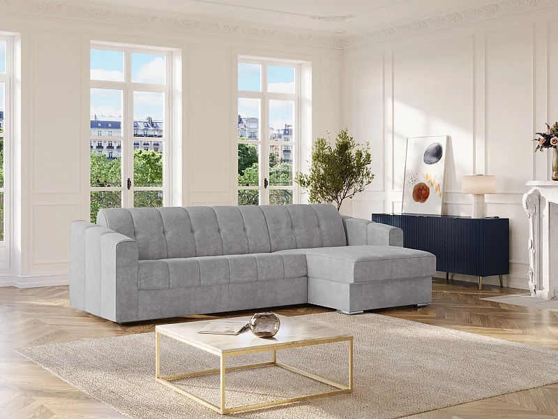 Sofá de canto convertível abertura rápida em tecido texturizado cinzento claro - Cama ripas largas 140 cm - Colchão 18 cm - DARIELO