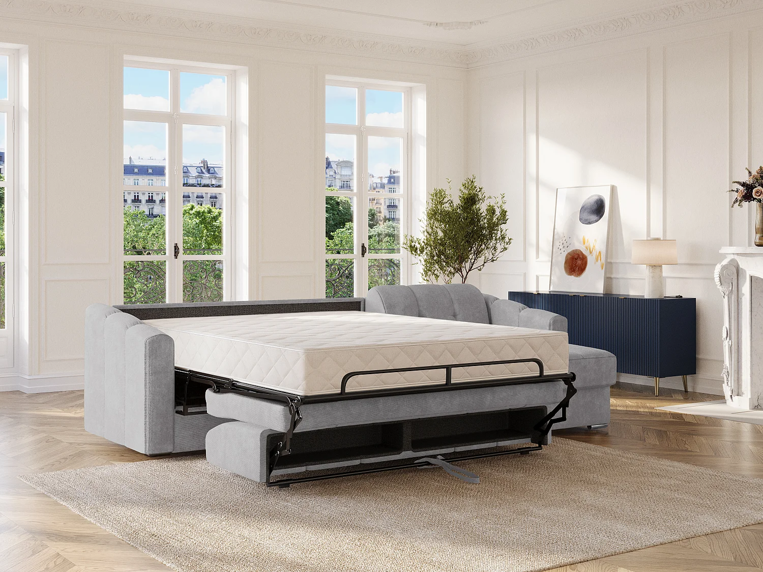 Sofá de canto convertível abertura rápida em tecido texturizado cinzento claro - Cama 140 cm - Colchão 22 cm com memória de forma - DARIELO