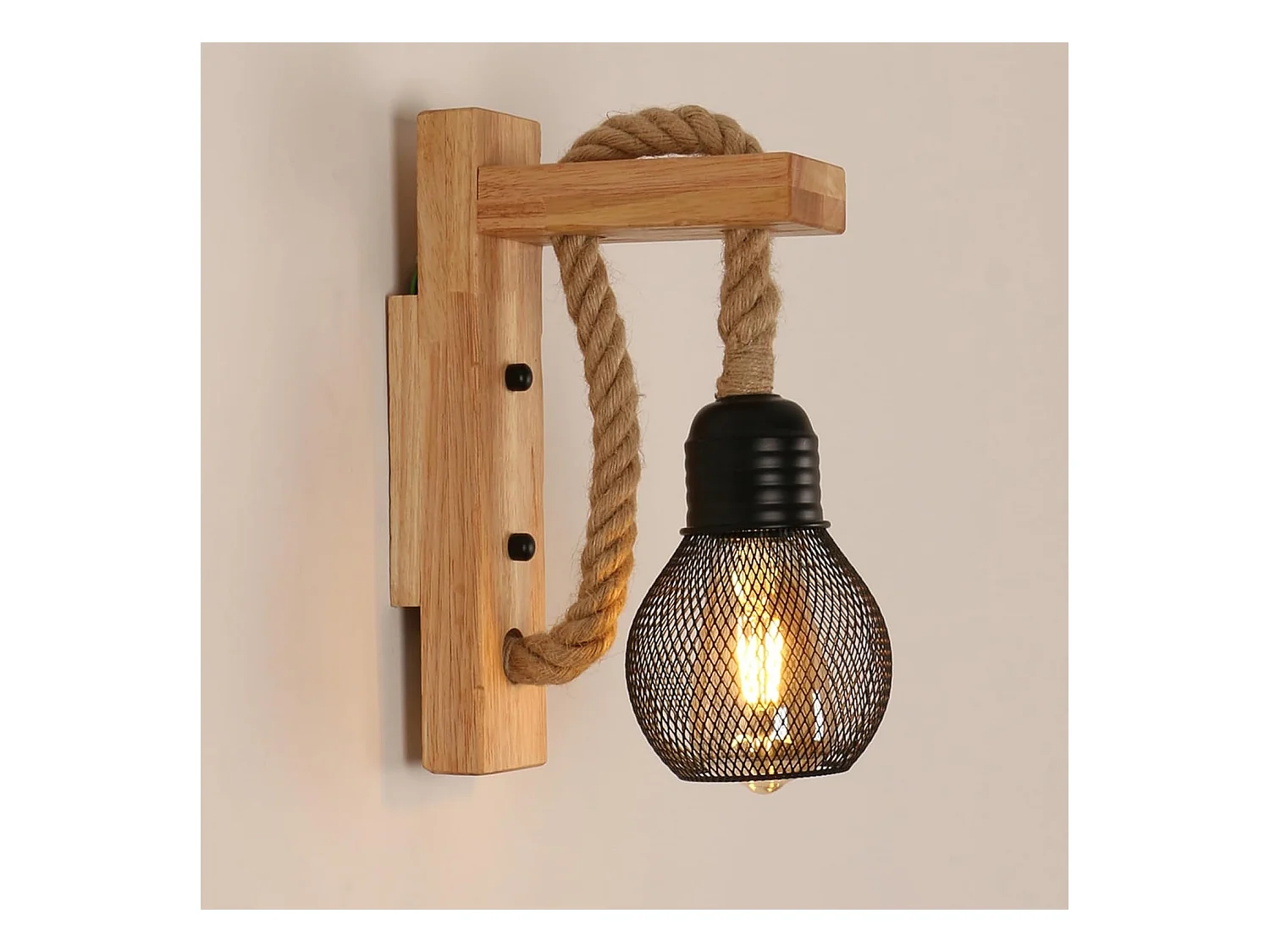 Applique d'intérieur en bois, abat-jour vintage en corde de chanvre, culot E27, noir, convient pour chambre (ampoule non incluse)