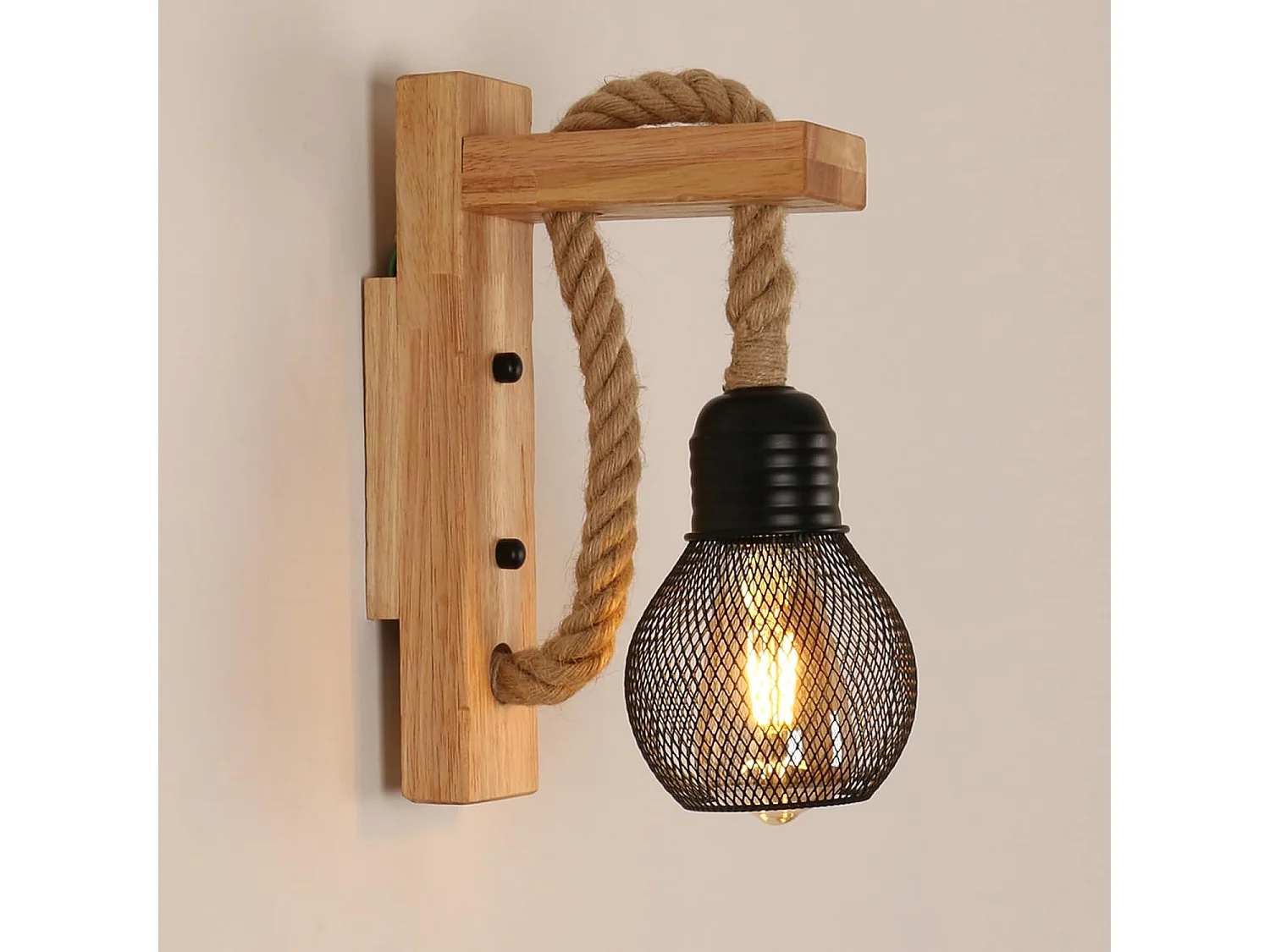 Applique d'intérieur en bois, abat-jour vintage en corde de chanvre, culot E27, noir, convient pour chambre (ampoule non incluse)