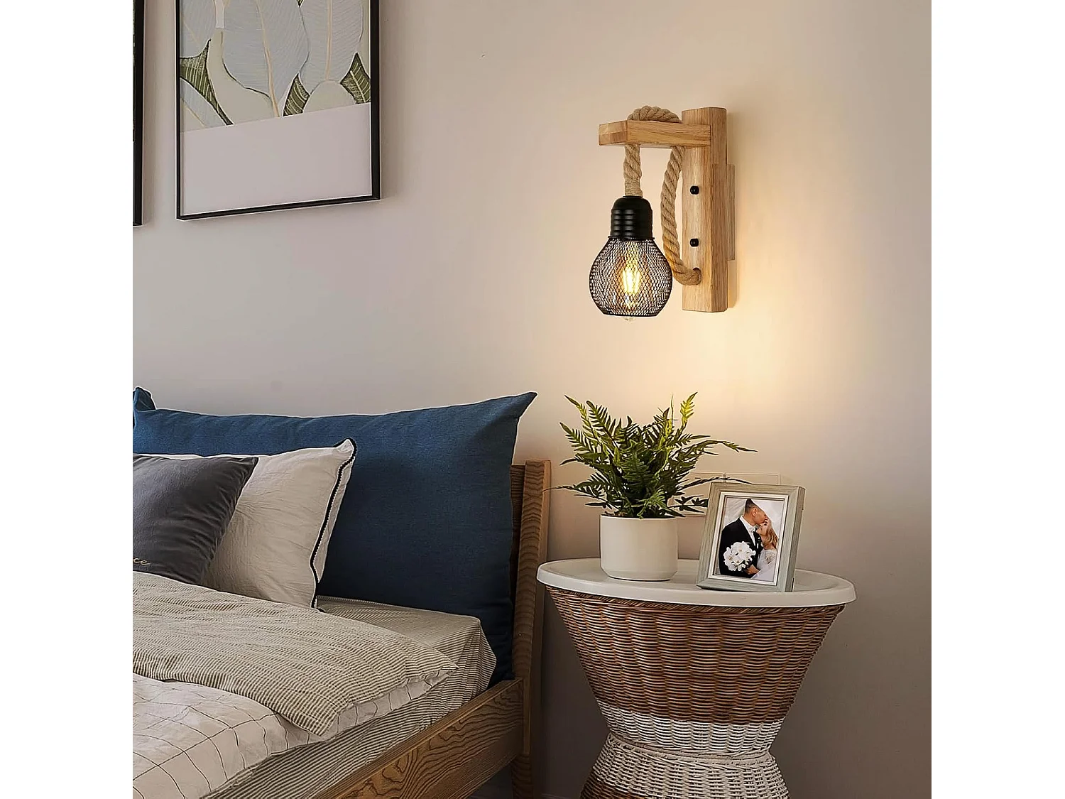 Applique d'intérieur en bois, abat-jour vintage en corde de chanvre, culot E27, noir, convient pour chambre (ampoule non incluse)