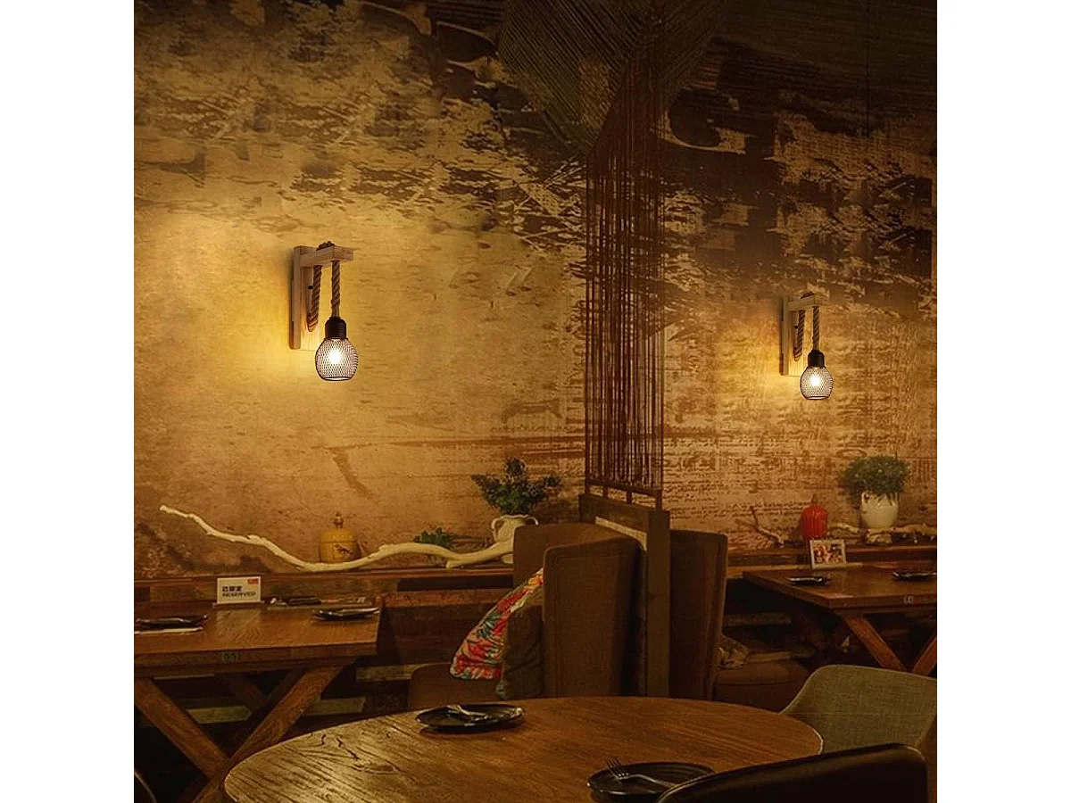 Applique d'intérieur en bois, abat-jour vintage en corde de chanvre, culot E27, noir, convient pour chambre (ampoule non incluse)