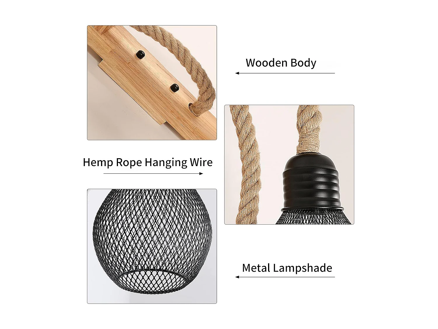 Applique d'intérieur en bois, abat-jour vintage en corde de chanvre, culot E27, noir, convient pour chambre (ampoule non incluse)