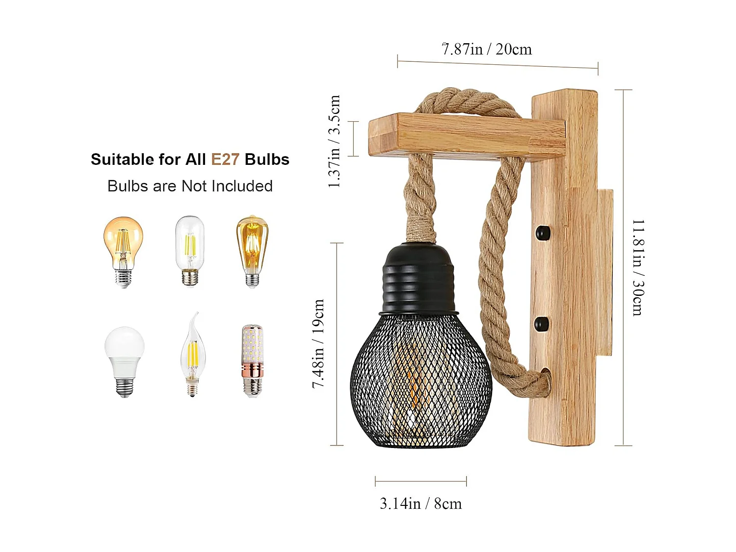 Applique d'intérieur en bois, abat-jour vintage en corde de chanvre, culot E27, noir, convient pour chambre (ampoule non incluse)