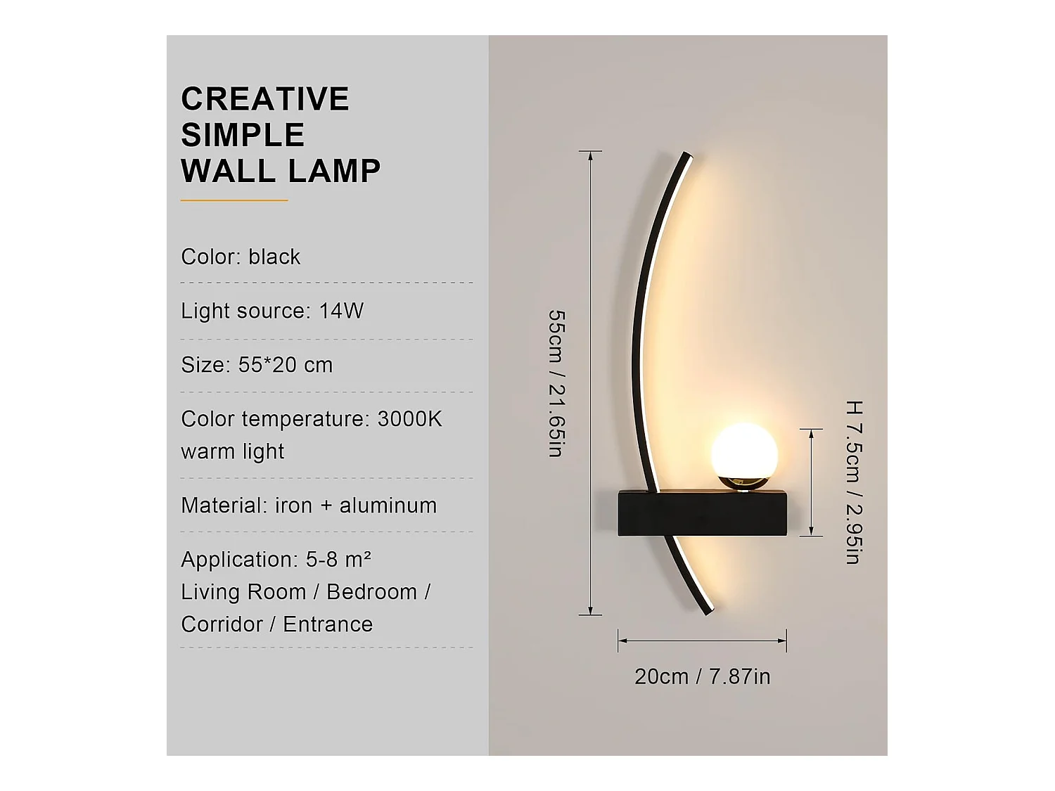 Applique murale d'intérieur LED en acrylique noir, 14 W, 3 000 K, blanc chaud, pour chambre, salon, hôtel, escaliers, couloir