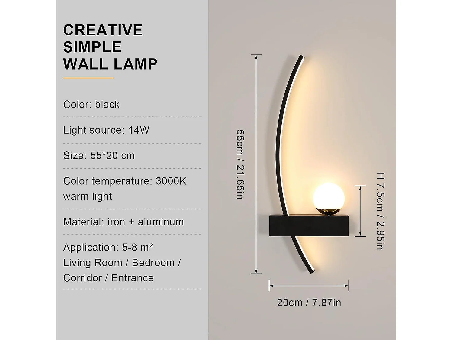 Applique murale d'intérieur LED en acrylique noir, 14 W, 3 000 K, blanc chaud, pour chambre, salon, hôtel, escaliers, couloir