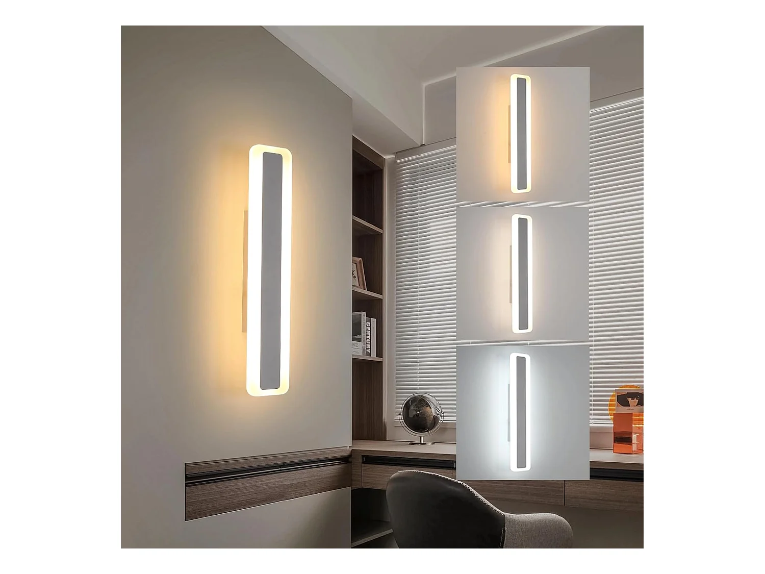 Applique murale LED moderne, 16W, 1800lm, intensité variable, 3000K/4500K/6500K, 3 couleurs, idéale pour la chambre ou le salon, blanche, 40cm