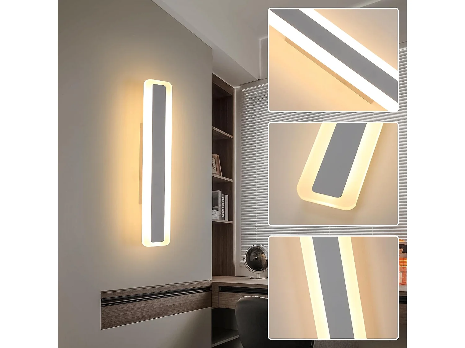 Applique murale LED moderne, 16W, 1800lm, intensité variable, 3000K/4500K/6500K, 3 couleurs, idéale pour la chambre ou le salon, blanche, 40cm