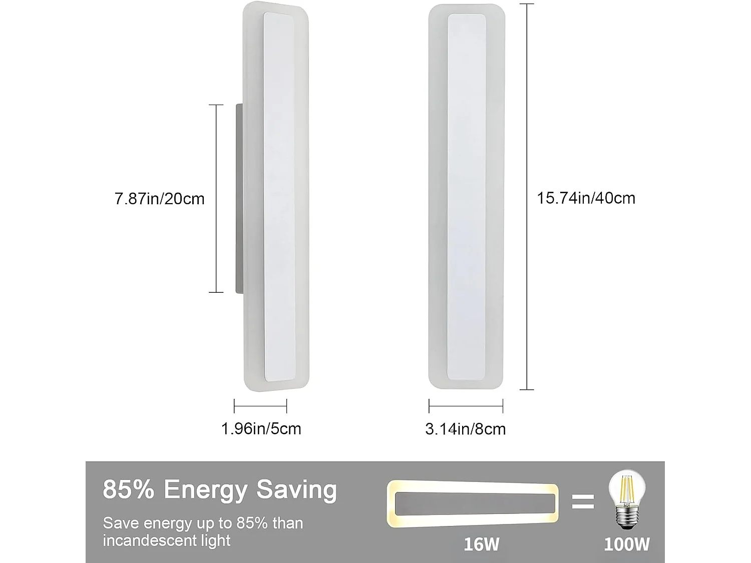Applique murale LED moderne, 16W, 1800lm, intensité variable, 3000K/4500K/6500K, 3 couleurs, idéale pour la chambre ou le salon, blanche, 40cm