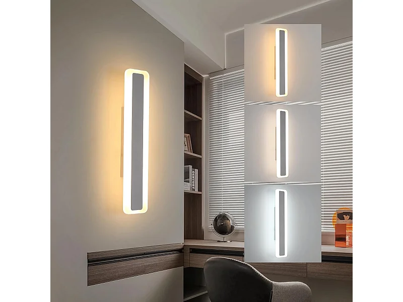 Applique murale LED moderne, 16W, 1800lm, intensité variable, 3000K/4500K/6500K, 3 couleurs, idéale pour la chambre ou le salon, blanche, 40cm