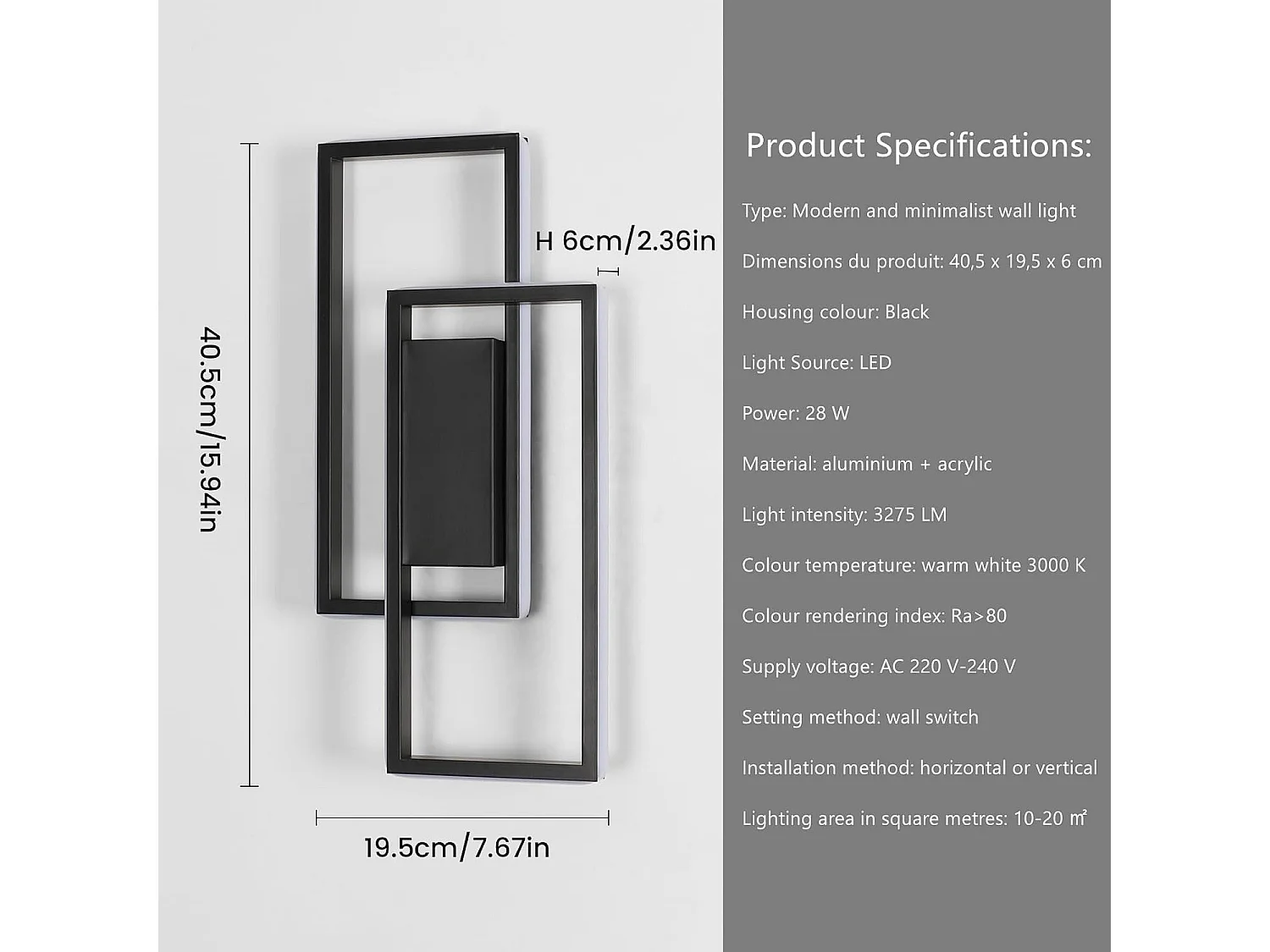 Applique murale LED, 28W, 3275lm, décorative et moderne, blanc chaud 3000K, noire, idéale pour l'éclairage intérieur d'une chambre, d'un salon